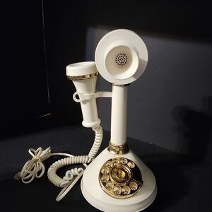 Vintage 1973 Teleconcepts Candlestick Rotay Style White and Gold  Telephone